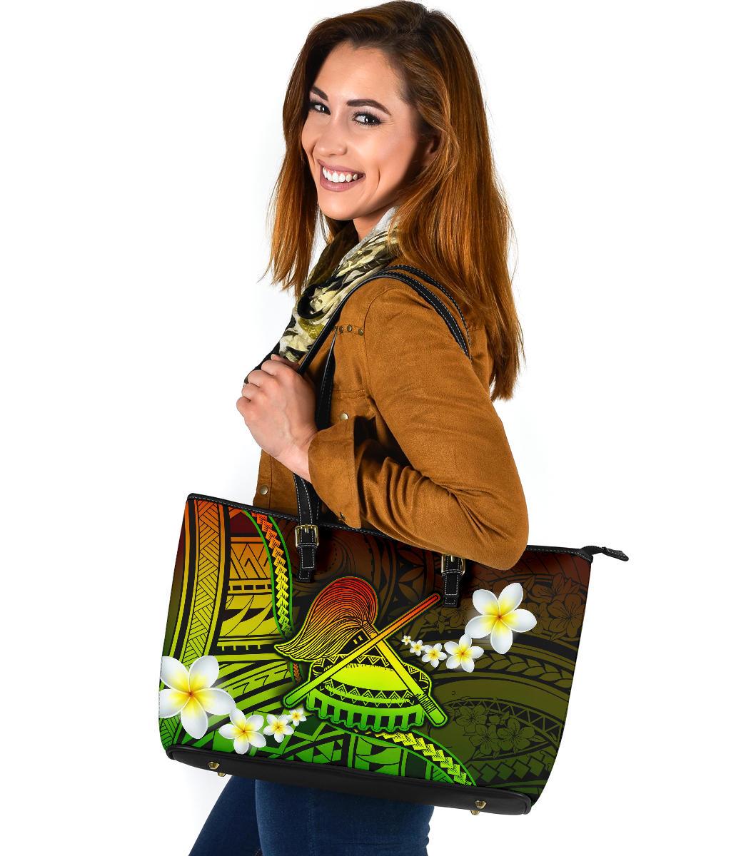 American Samoa Large Leather Tote - Seal Of American Samoa With Plumeria Flowers - Polynesian Pride