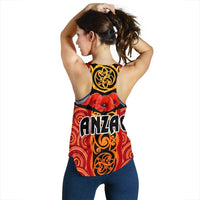 Anzac Lest We Forget Poppy Women Racerback Tank New Zealand Maori Silver Fern - Australia Aboriginal - Polynesian Pride