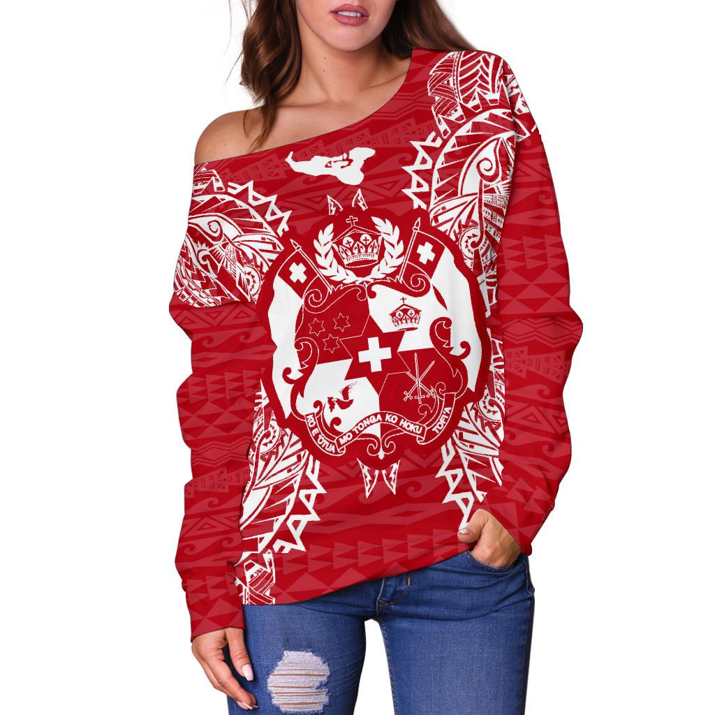 Tonga Polynesian Shoulder Sweater Map Red White - Polynesian Pride