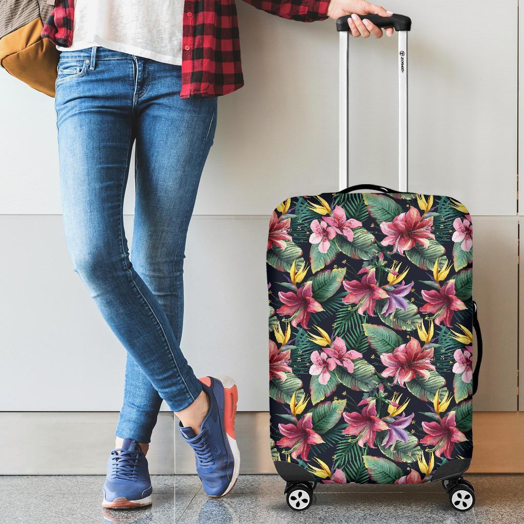 Tropical Flowers Palm And Leaves Luggage Cover - Polynesian Pride