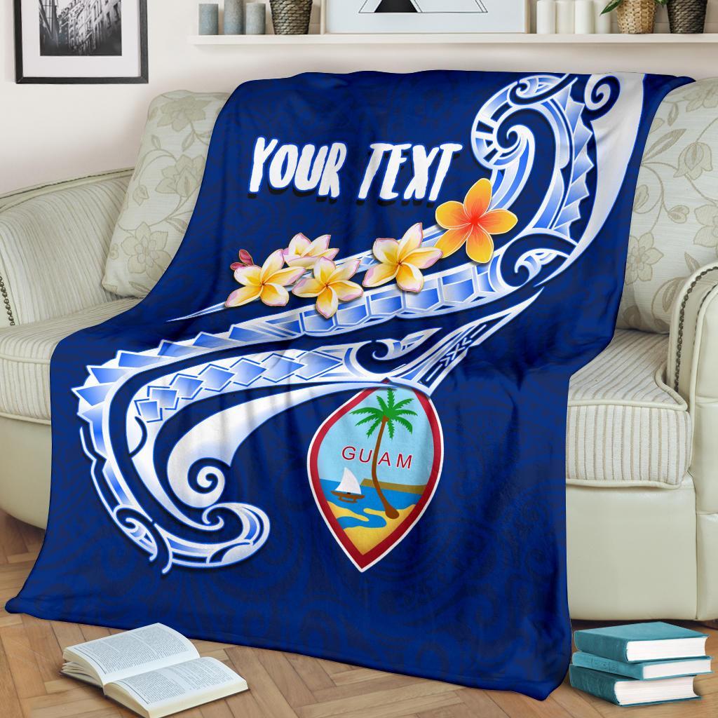 Guam Personalised Premium Blanket - Guam Seal Polynesian Patterns Plumeria (Blue) White - Polynesian Pride