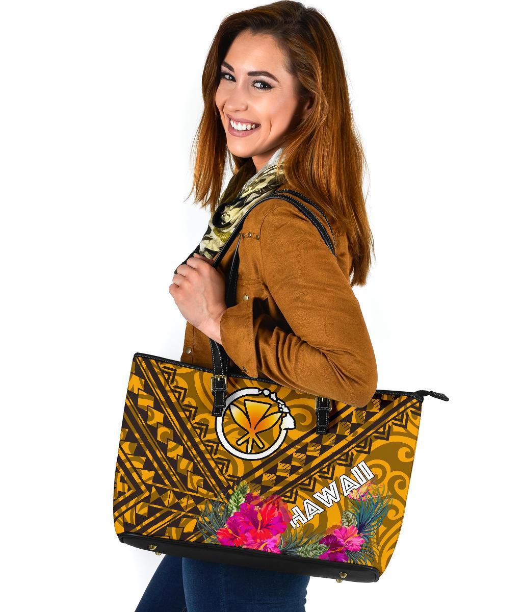 Hawaii Large Leather Tote - Kanaka Maoli With Hibiscus On Polynesian Patterns (YELLOW) - Polynesian Pride