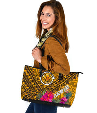 Hawaii Large Leather Tote - Kanaka Maoli With Hibiscus On Polynesian Patterns (YELLOW) - Polynesian Pride