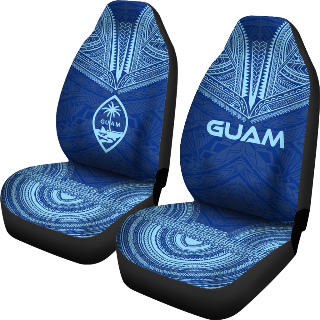 Guam Car Seat Cover - Guam Coat Of Arms Polynesian Chief Tattoo Blue Version - Polynesian Pride