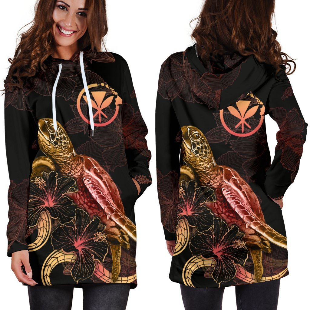 Hawaii Polynesian Hoodie Dress - Turtle With Blooming Hibiscus Gold - Polynesian Pride