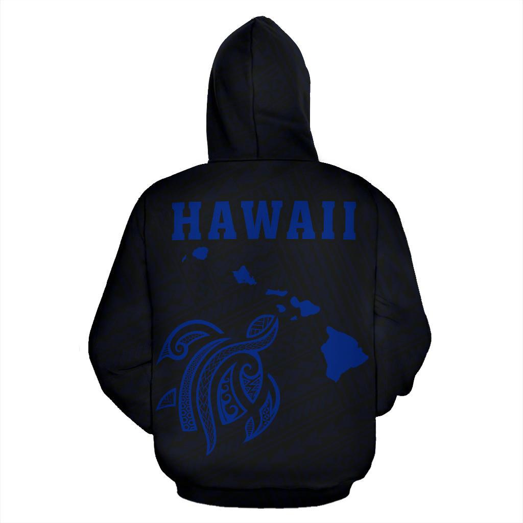 Polynesian Kakau Turtle Map of Hawaii Hoodie Blue - Polynesian Pride