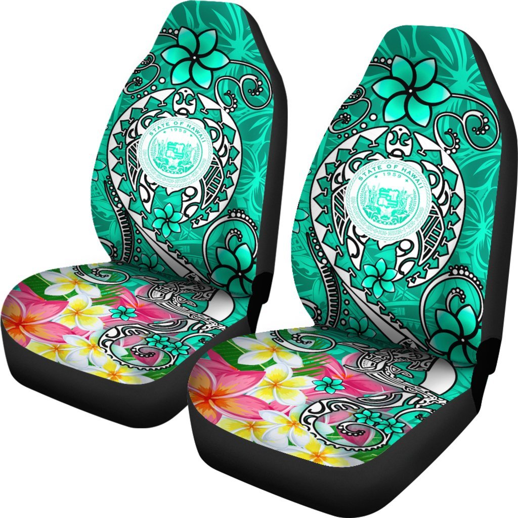 Hawaii Polynesian Car Seat Covers - Hawaii Seal With Turtle Plumeria (Turquoise) - Polynesian Pride