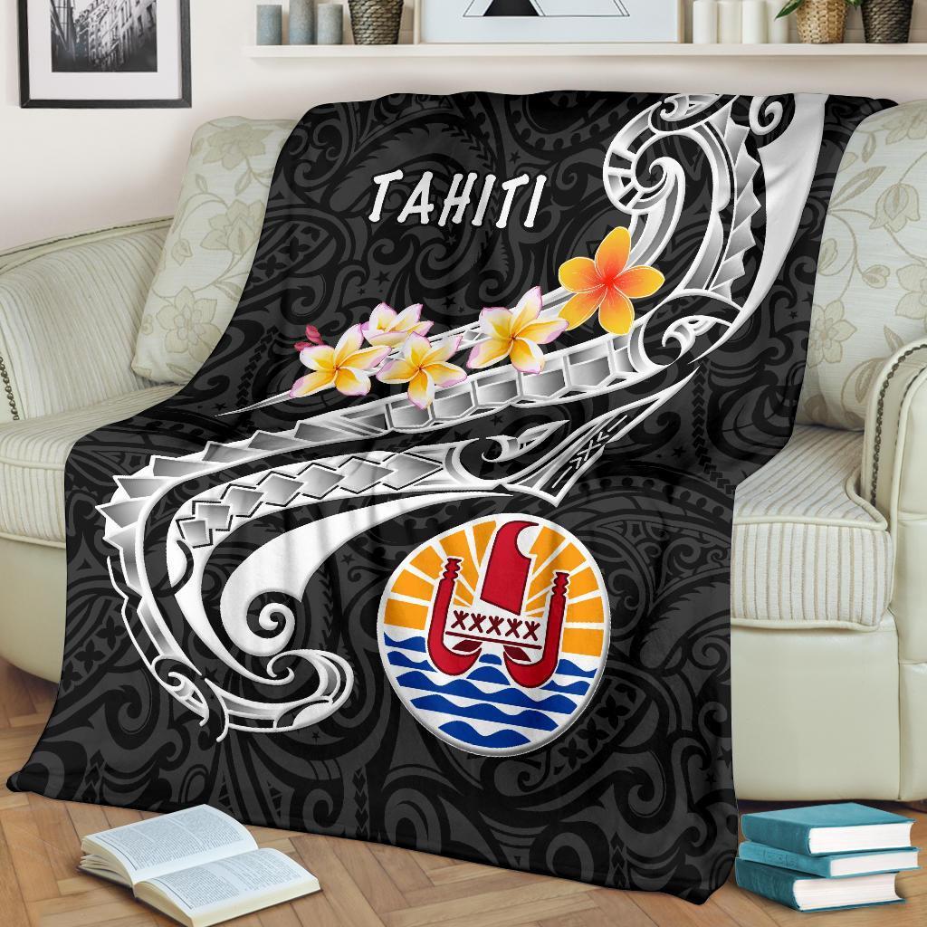 Tahiti Premium Blanket - Tahiti Seal Polynesian Patterns Plumeria (Black) White - Polynesian Pride