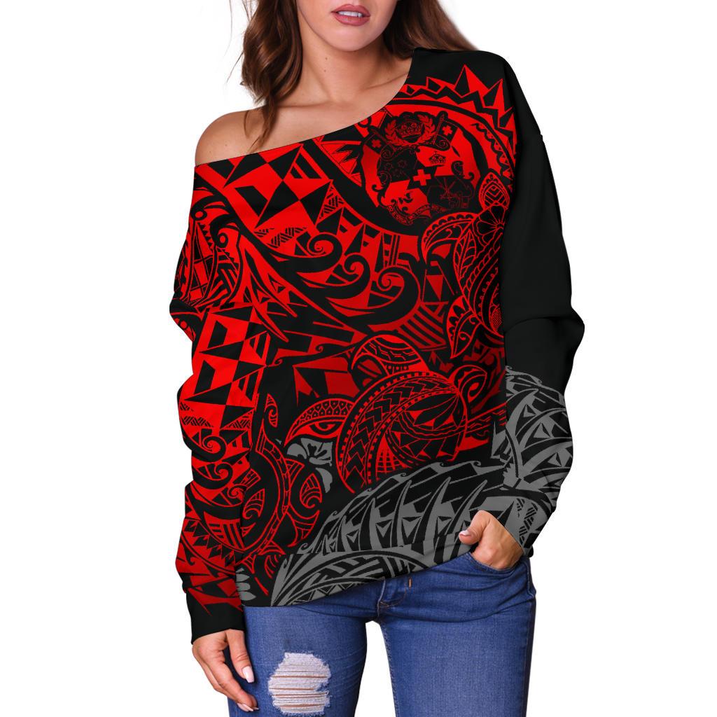 Tonga Polynesian Off Shoulder Sweater (Women) - Red Turtle Flowing - Polynesian Pride