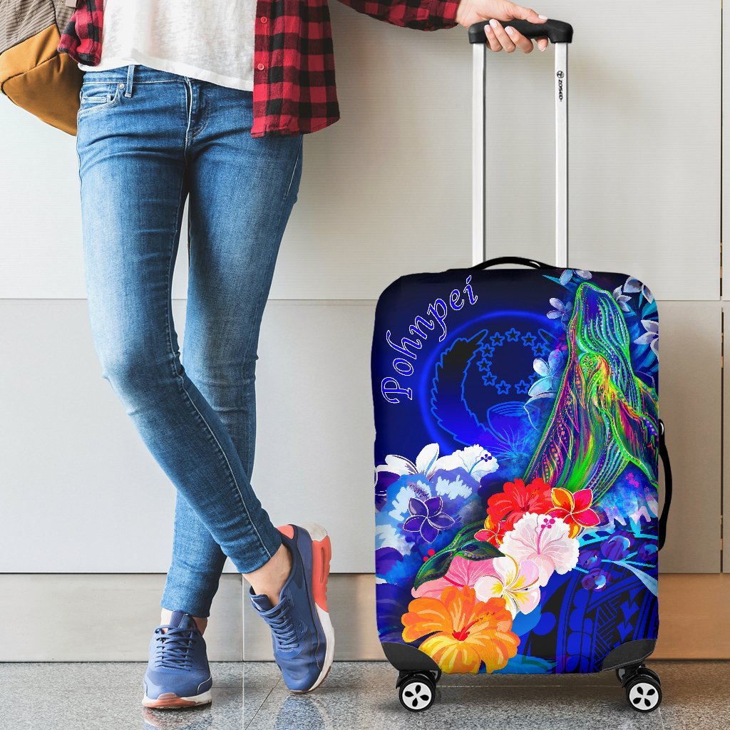 Pohnpei Luggage Covers - Humpback Whale with Tropical Flowers (Blue) Blue - Polynesian Pride