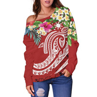 The Philippines Women's Off Shoulder Sweater - Summer Plumeria (Red) - Polynesian Pride