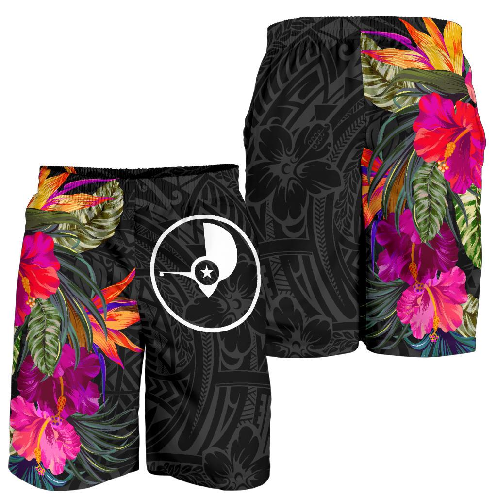 Yap All Over Print Men's Shorts - Polynesian Hibiscus Pattern Black - Polynesian Pride