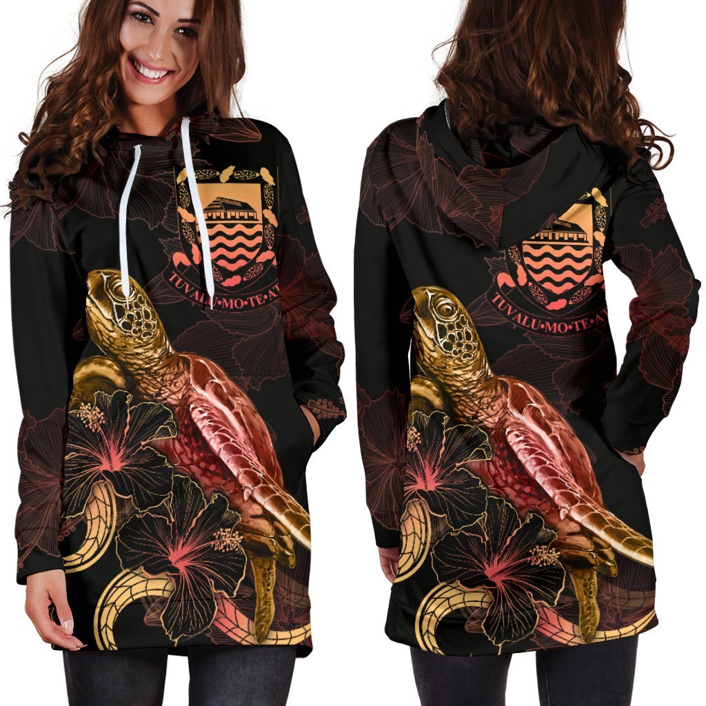 Tuvalu Polynesian Hoodie Dress - Turtle With Blooming Hibiscus Gold - Polynesian Pride