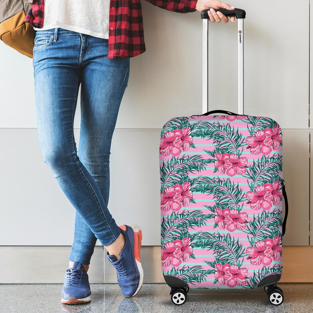 Hawaii Tropical Flowers Palm Leaves Hibiscus Strips Luggage Cover - Polynesian Pride