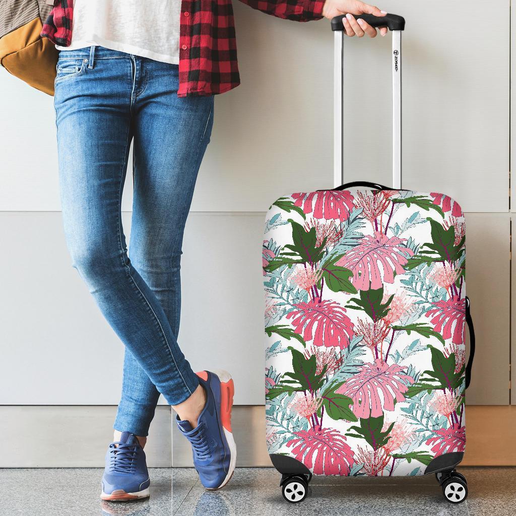 Pink Monstera And Green Tropical Leaves White Luggage Cover - Polynesian Pride