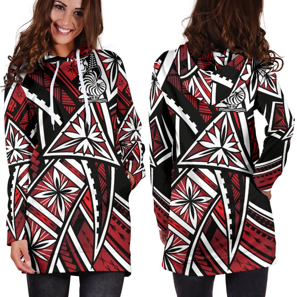 New Caledonia Women's Hoodie Dress - Tribal Flower Special Pattern Red Color Red - Polynesian Pride