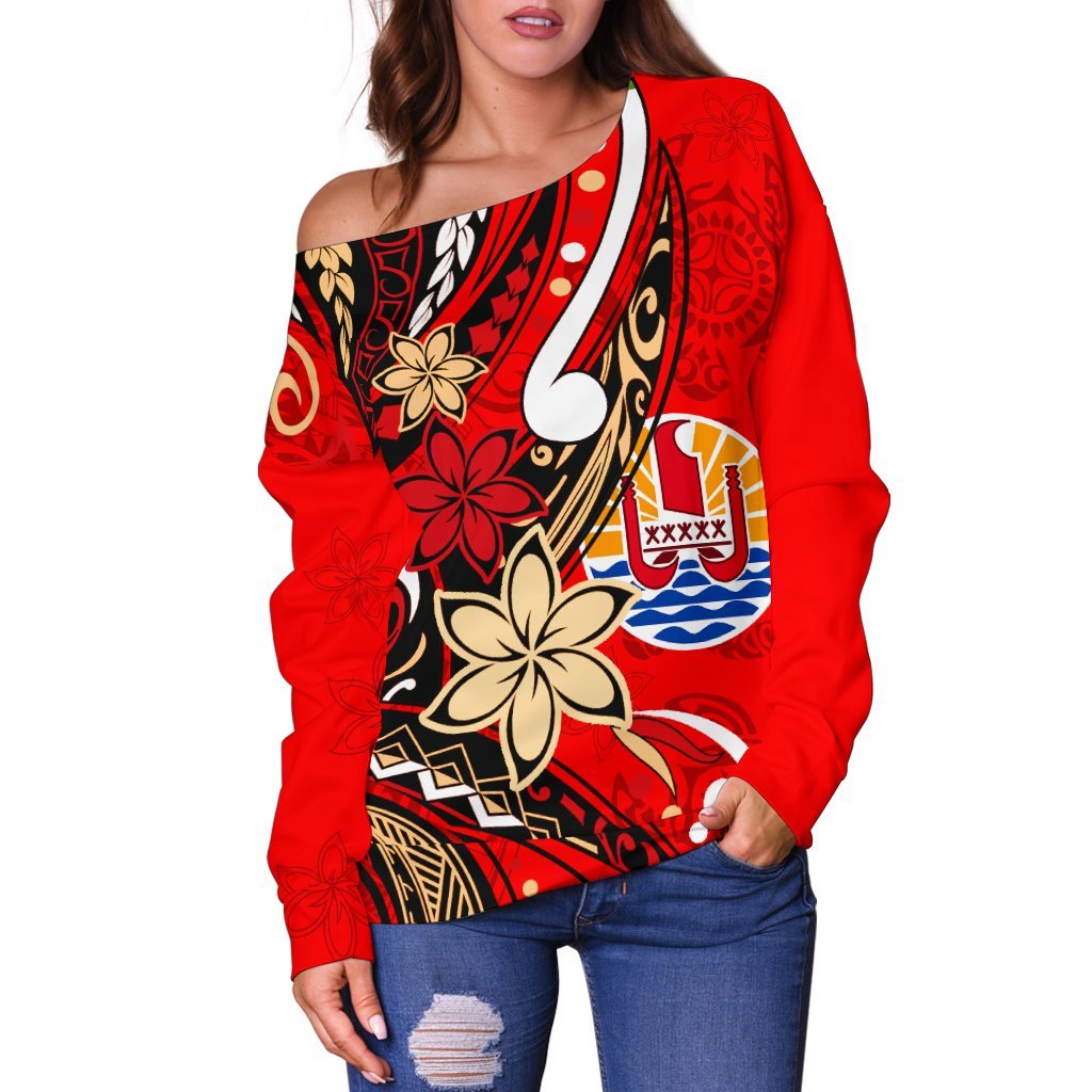Tahiti Women's Off Shoulder Sweaters - Tribal Flower With Special Turtles Red Color - Polynesian Pride