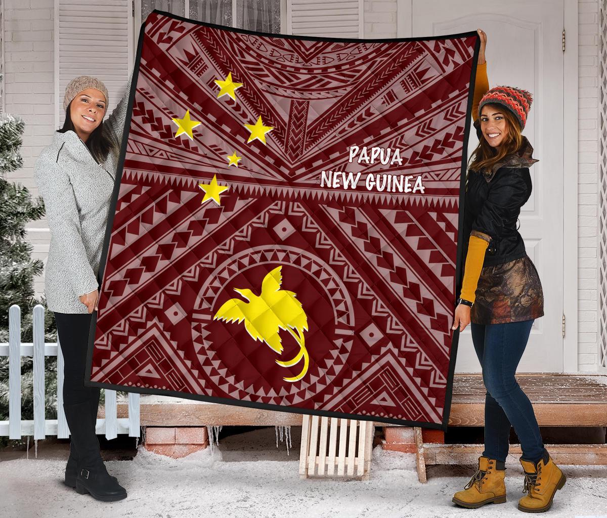 Papua New Guinea Premium Quilt - Flag With Polynesian Patterns (Red) - Polynesian Pride