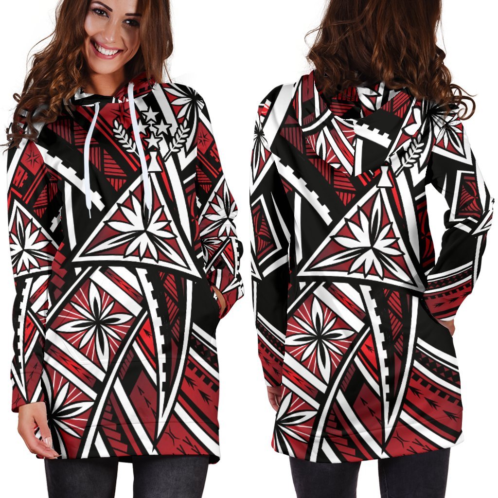 Kosrae Women's Hoodie Dress - Tribal Flower Special Pattern Red Color Red - Polynesian Pride