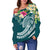 Papua New Guinea Polynesian Women's Off Shoulder Sweater - Summer Plumeria (Turquoise) - Polynesian Pride