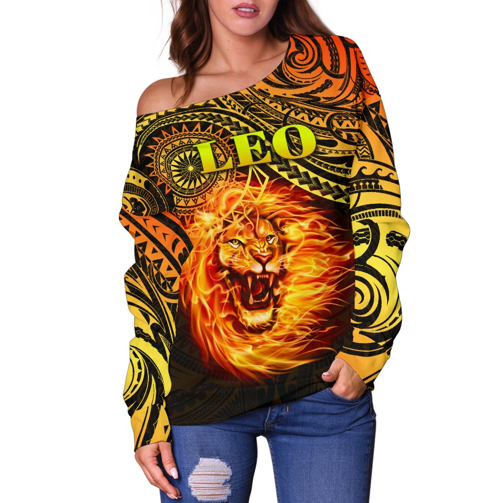 Sun In Leo Zodiac Women Off Shoulder Sweater Polynesian Tattoo Unique Vibes - Polynesian Pride