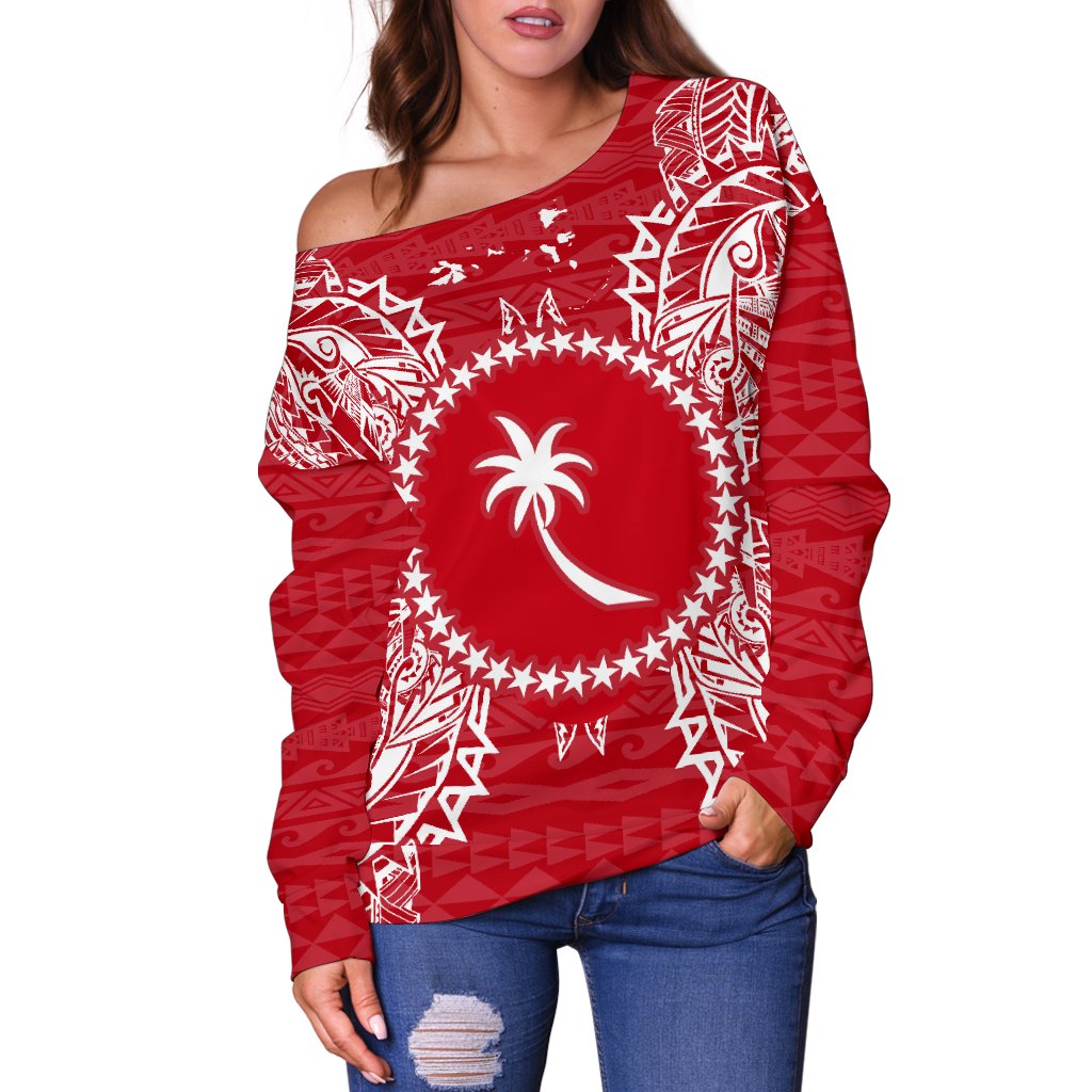 Chuuk Polynesian Shoulder Sweater Map Red White - Polynesian Pride