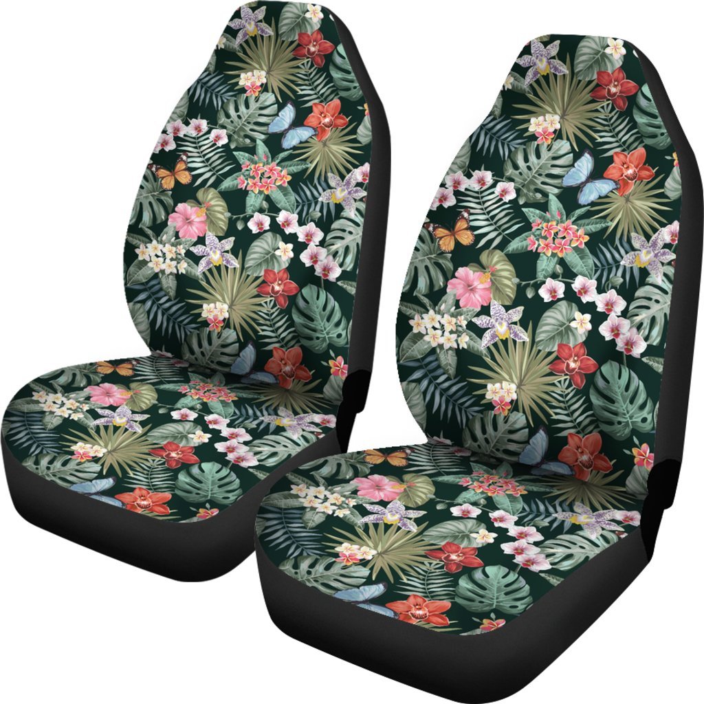 Hawaii Tropical Plumeria Pattern With Palm Leaves Car Seat Cover Universal Fit Green - Polynesian Pride