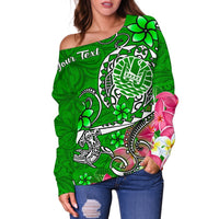 Tahiti Custom Personalised Women's Off Shoulder Sweater - Turtle Plumeria (Green) - Polynesian Pride