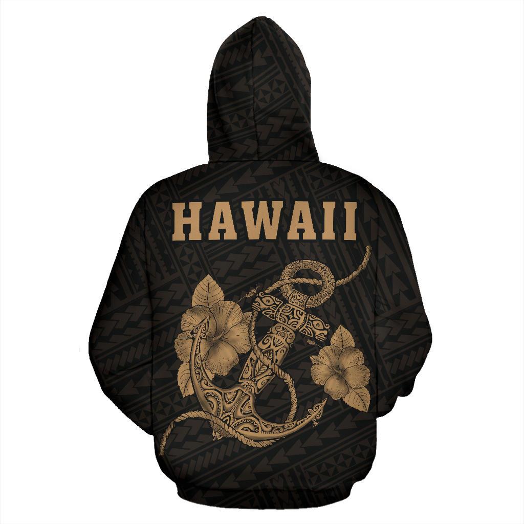 Polynesian Kakau Anchor Hibiscus Hawaii Hoodie Gold - Polynesian Pride