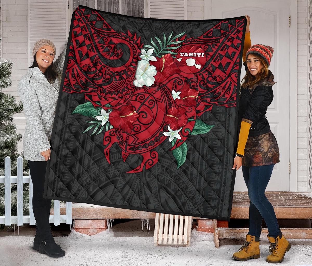 Tahiti Polynesian Premium Quilt - Hibiscus and Sea Turtle (Red) - Polynesian Pride