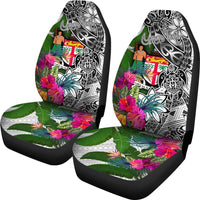 Fiji Custom Personalised Car Seat Covers White - Turtle Plumeria Banana Leaf Crest - Polynesian Pride