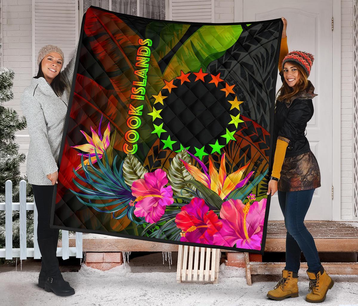 Cook Islands Polynesian Premium Quilt - Hibiscus and Banana Leaves - Polynesian Pride