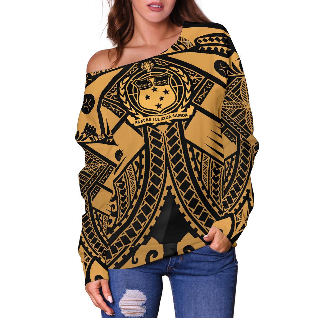 Samoa Polynesian Women's Off Shoulder Sweater - Samoa Gold Seal with Polynesian Tattoo - Polynesian Pride