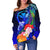 Polynesian Hawaii Custom Personalised Premium Women's Off Shoulder Sweater - Kanaka Maoli Humpback Whale with Tropical Flowers (Blue) - Polynesian Pride