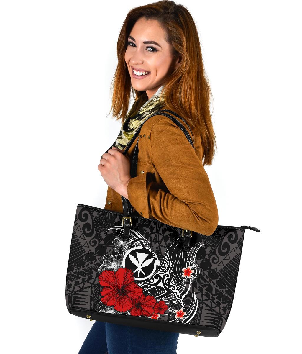 Polynesian Hawaii Kanaka Maoli Large Leather Tote Bag - Humpback Whale with Hibiscus (White) - Polynesian Pride