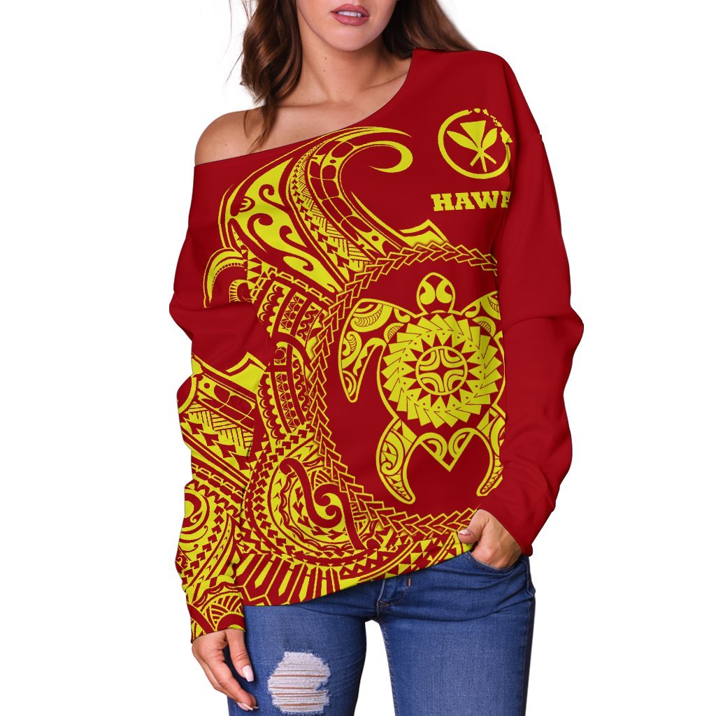 Hawaii Polynesian Women's Off Shoulder Sweater - Vintage Polynesian Turtle (Red) Red - Polynesian Pride