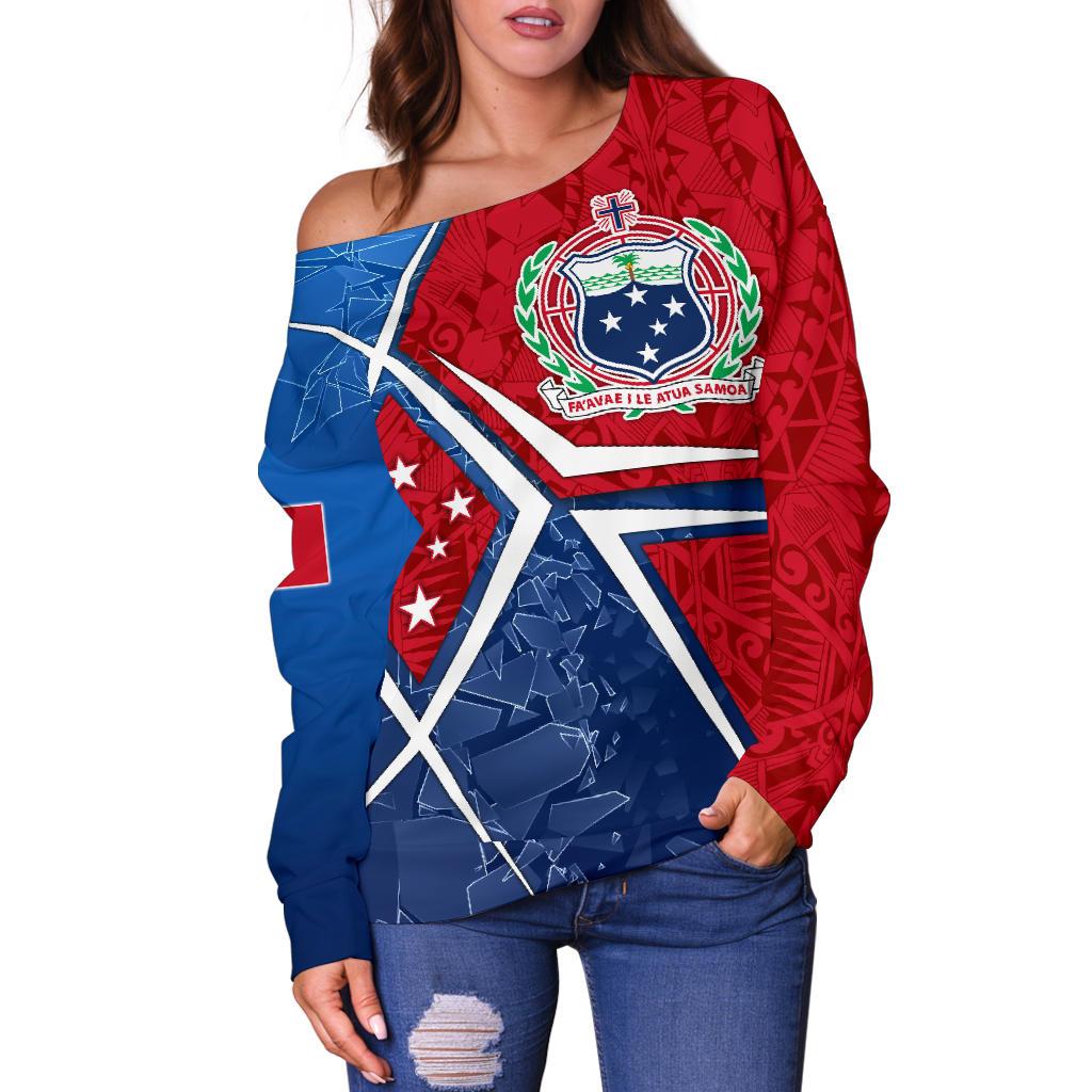 Samoa Women's Off Shoulder Sweater - Samoa Flag with Polynesian Patterns - Polynesian Pride