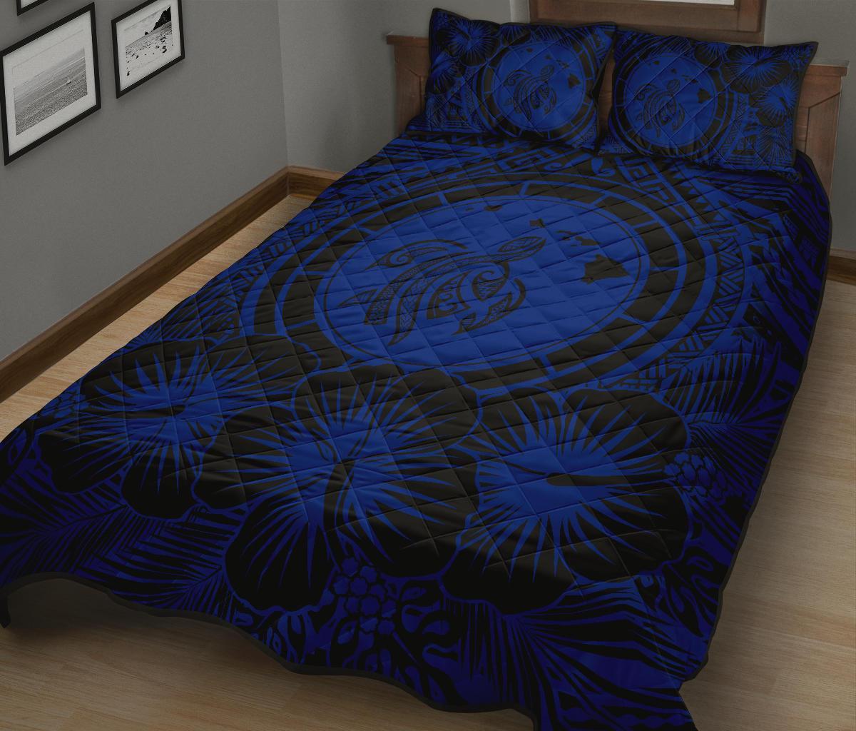 Hawaiian Map Honu Hibiscus Blue Polynesian Quilt Bed Set - Polynesian Pride