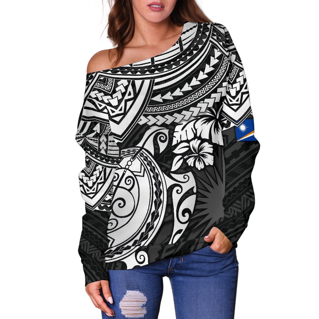 Marshall Islands Polynesian Off Shoulder Sweater (Women) - White Turtle - Polynesian Pride