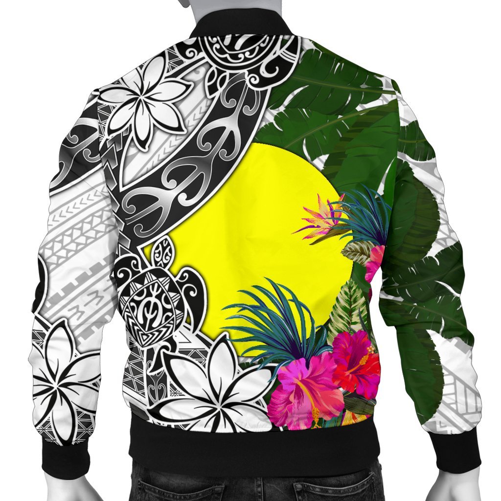 Palau Men's Bomber Jacket White - Turtle Plumeria Banana Leaf - Polynesian Pride