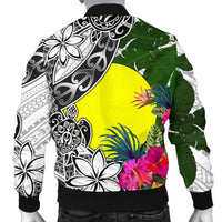 Palau Men's Bomber Jacket White - Turtle Plumeria Banana Leaf - Polynesian Pride