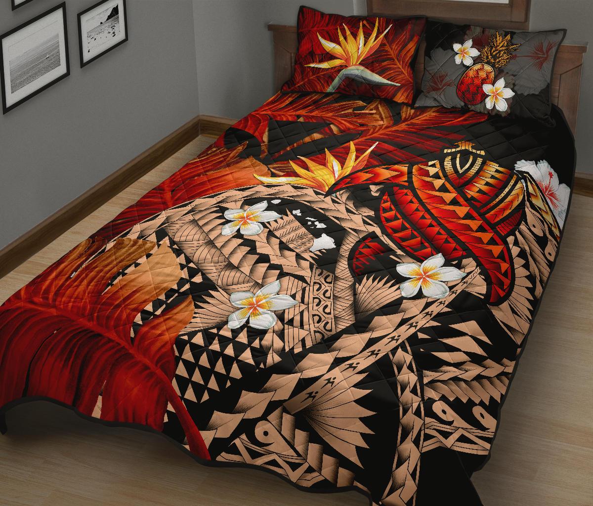 Kanaka Maoli (Hawaiian) Quilt Bed Set, Polynesian Pineapple Banana Leaves Turtle Tattoo Red - Polynesian Pride