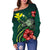 Hawaii Polynesian Women's Off Shoulder Sweater - Green Turtle Hibiscus - Polynesian Pride