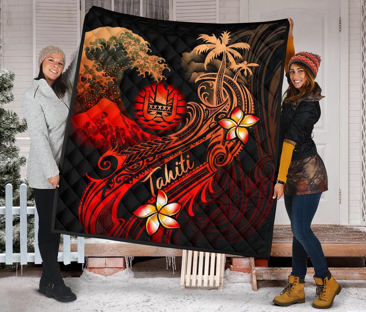 Tahiti Polynesian Premium Quilt - Plumeria Flowers And Waves - Polynesian Pride