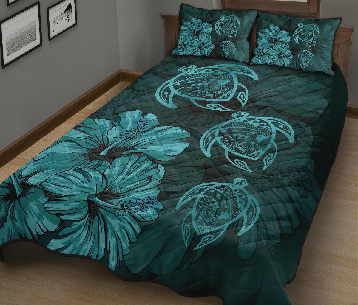 Hawaiian Map Turtle Hibiscus Vintage Polynesian Quilt Bedding Set Turquoise - Polynesian Pride