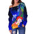 Tahiti Custom Personalised Women's Off Shoulder Sweater - Humpback Whale with Tropical Flowers (Blue) - Polynesian Pride