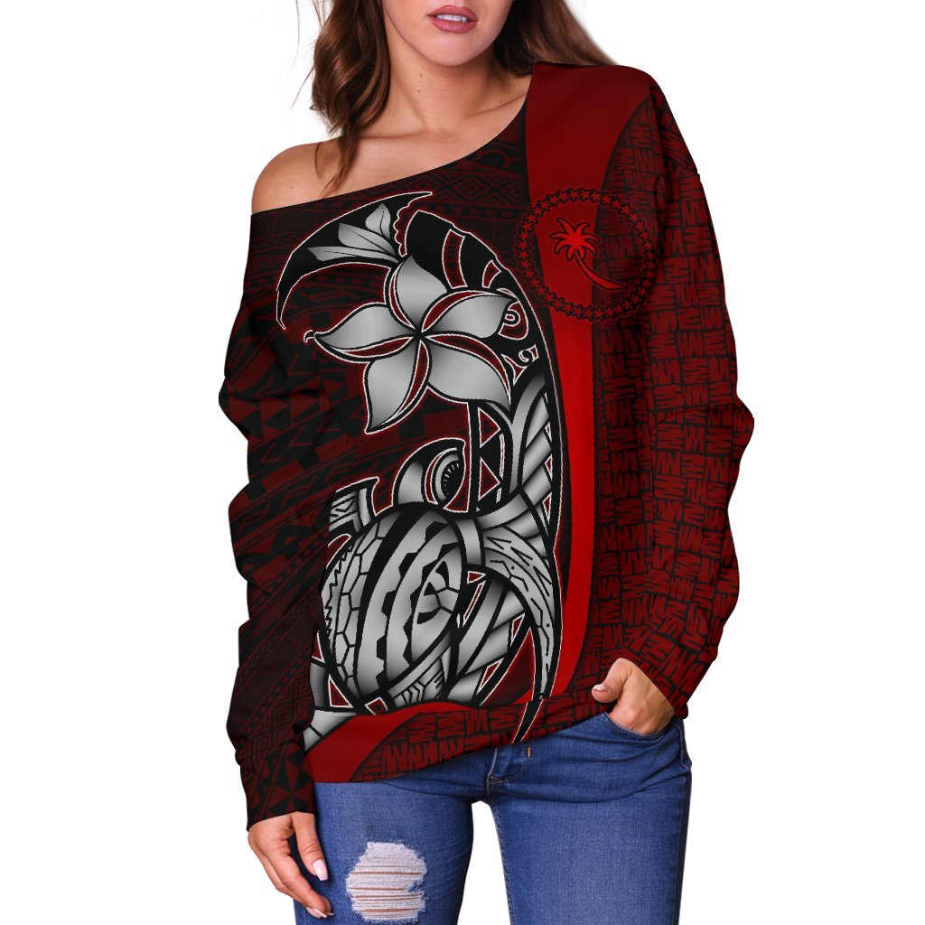 Chuuk Micronesian Women Off Shoulder Sweater Red - Turtle With Hook - Polynesian Pride