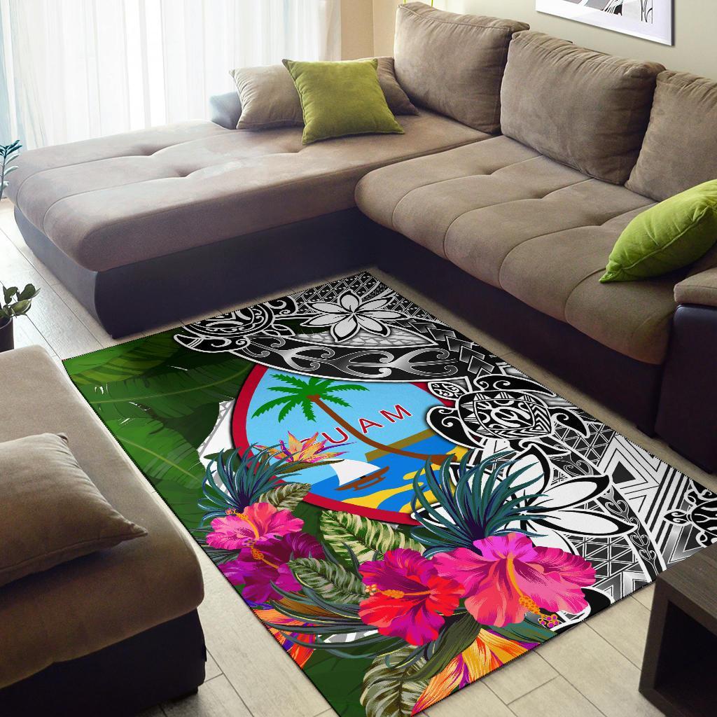 Guam Area Rug White - Turtle Plumeria Banana Leaf - Polynesian Pride