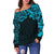 New Zealand Women's Off Shoulder Sweater, Maori Polynesian Tattoo Blue - Polynesian Pride