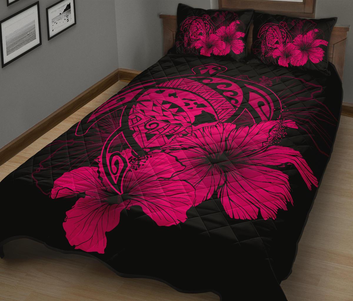 Hawaiian Map Turtle Hibiscus Polynesian Quilt Bedding Set - Calico Red - Polynesian Pride